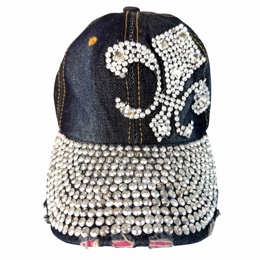 Lucky 7 USA Bling Fleur De Lis Baseball Cap Blue Distressed Rhinestone Hat Y2K